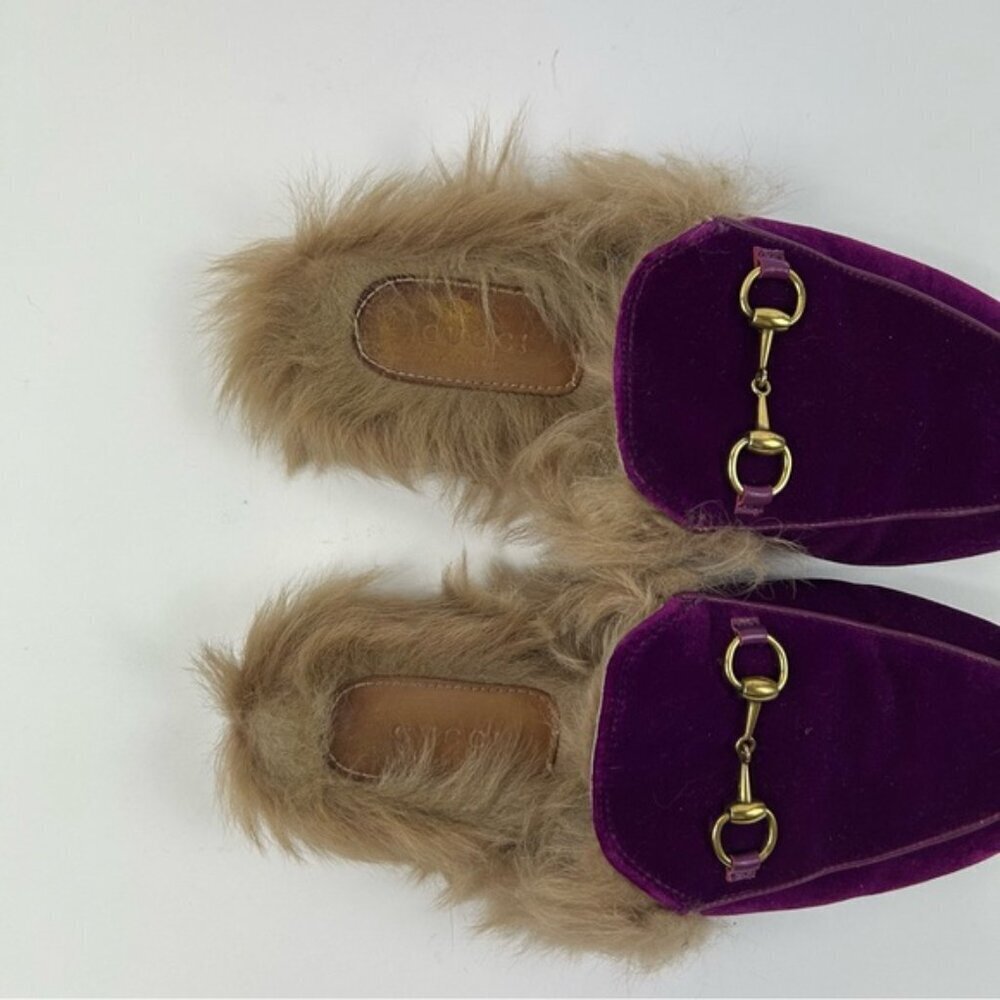 Gucci Purple Fur and Velvet Princetown Mules Size 38 - Picture 7 of 9